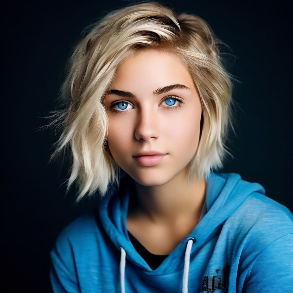 Petite teen girl with blonde hair and blue eyes