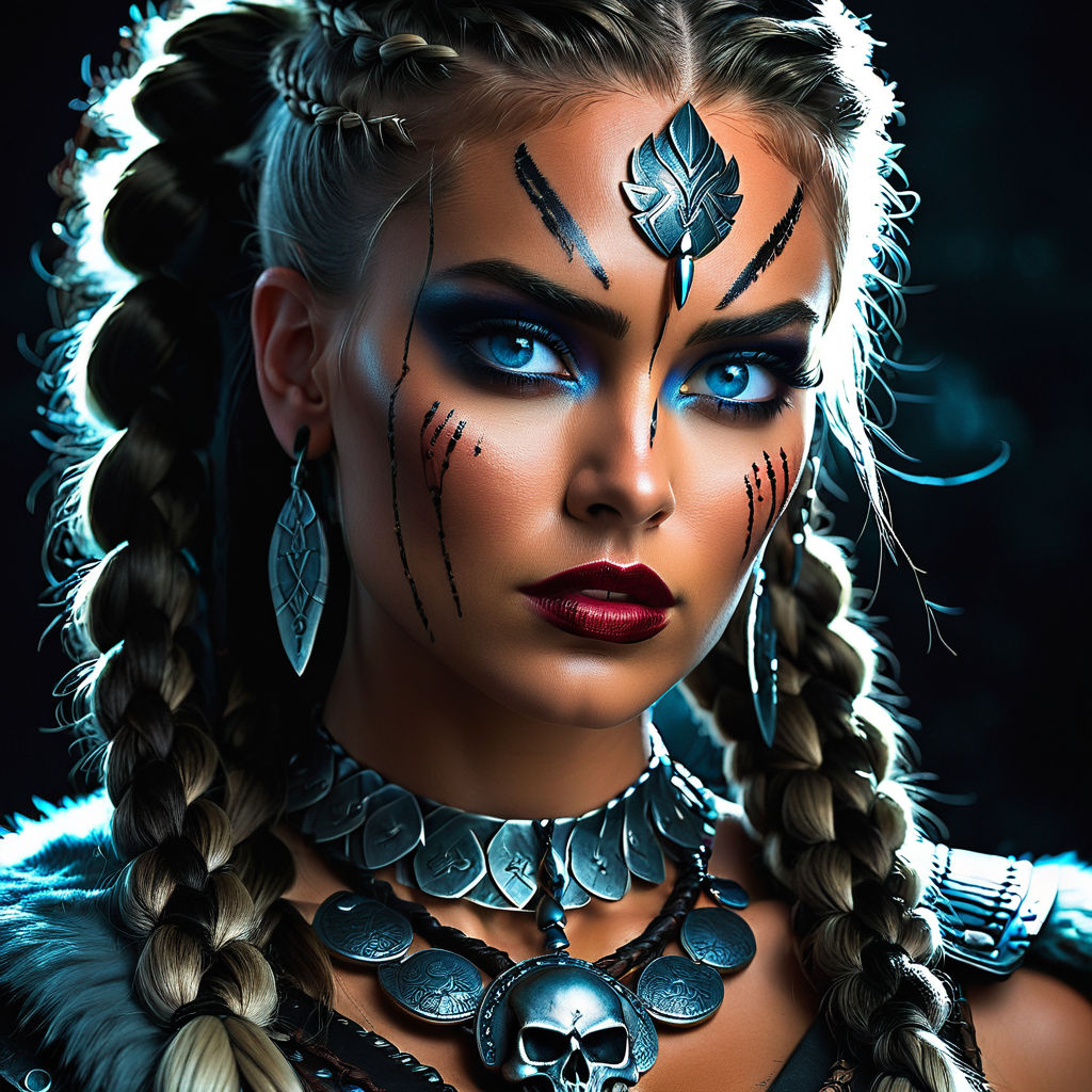 Māori Barbarian Barbie Militant Aztec Neon warrior 60 year old mature  closeup of the face and beautiful body