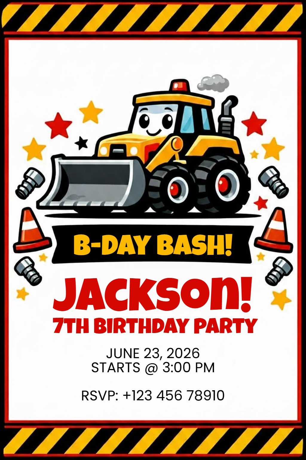 Colorful Cartoon Bulldozer Birthday Party Invitation Poster