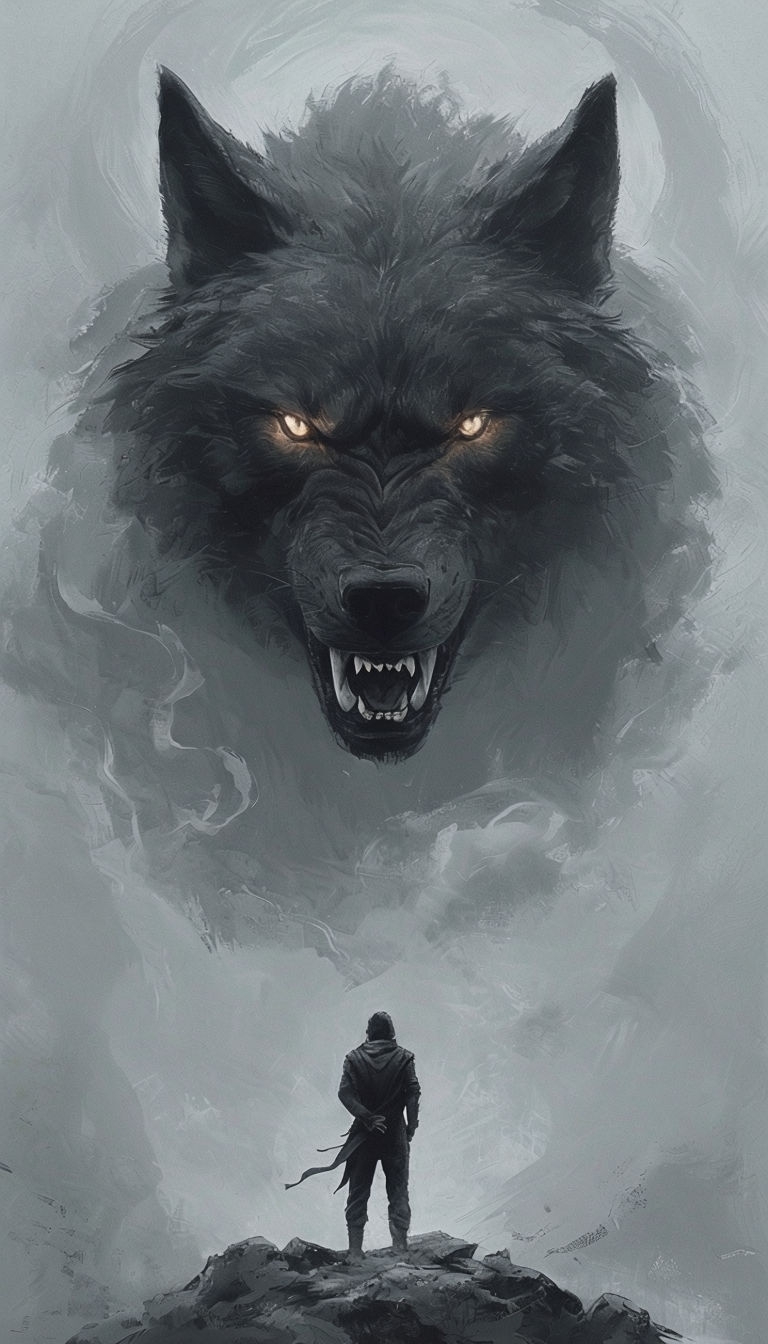 Dramatic Dark Figure and Colossal Wolf Creature Mobile Wallpaper