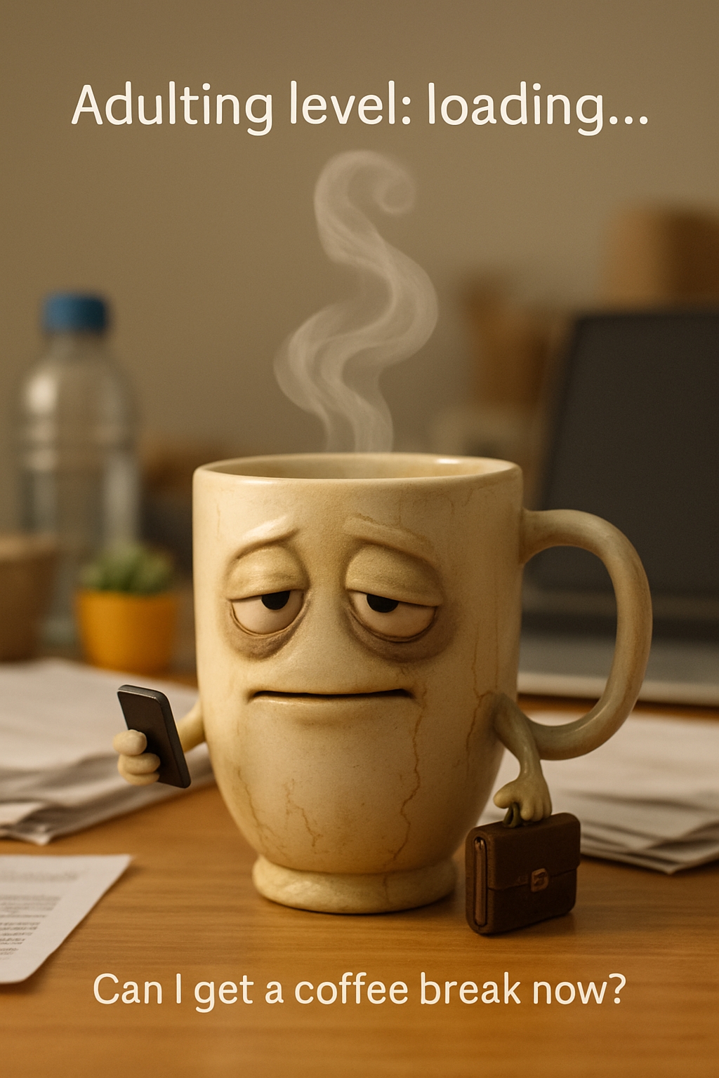 Tired Coffee Mug Humor with Adulting Level Loading Illustration Memes