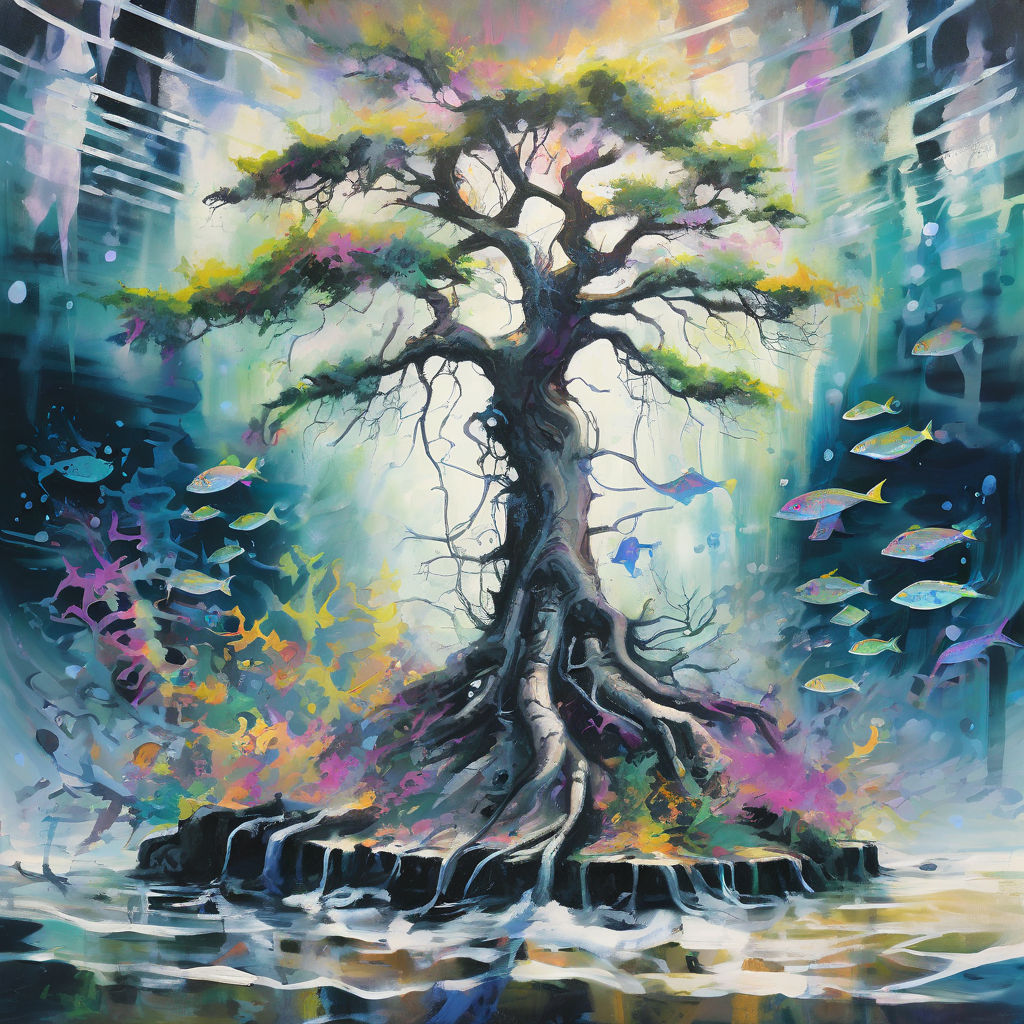 Acrylic painting of a tree emerging from the ocean surrounde... by ...