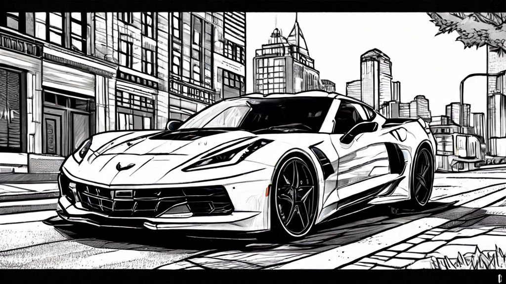 A new corvette in a detailed city scape in black and white f... by