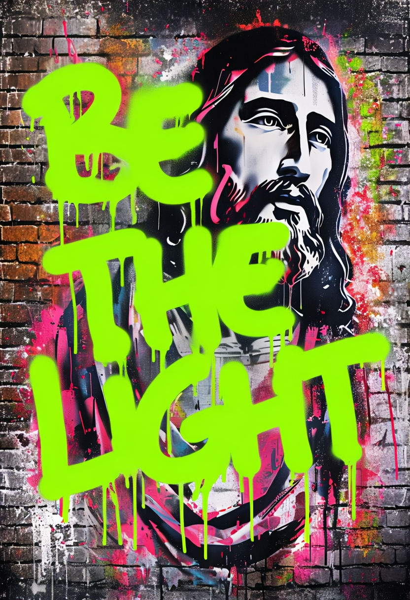 Bold Street Art Graffiti Jesus with 'Be The Light' Text Poster