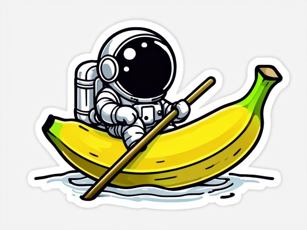 Whimsical Astronaut Rowing a Banana Cartoon Sticker