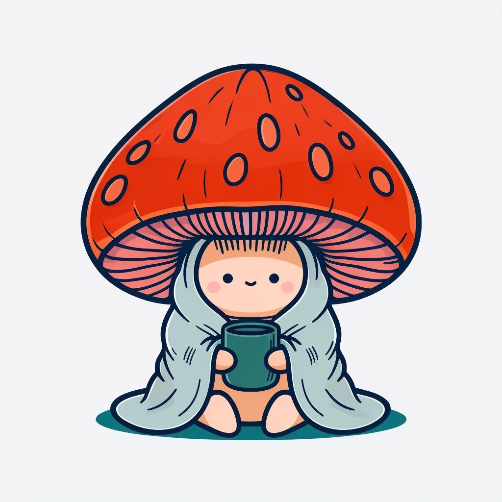 Cozy Cartoon Character Under Mushroom with Green Mug Illustration Mug