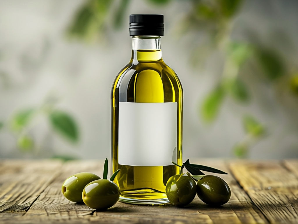 Elegant Olive Oil Bottle with Olives on Rustic Wood Mockup