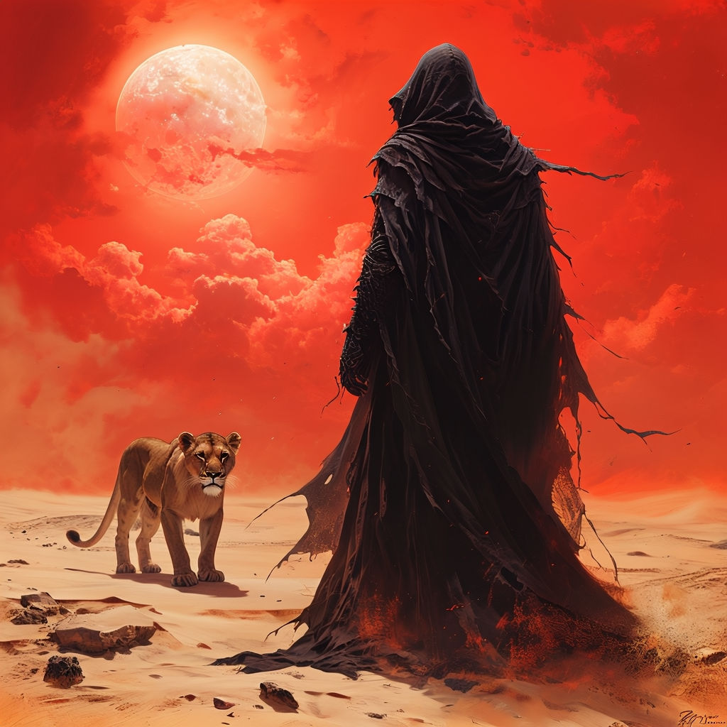 Dramatic Fantasy Desert Scene with Cloaked Figure and Lioness Art