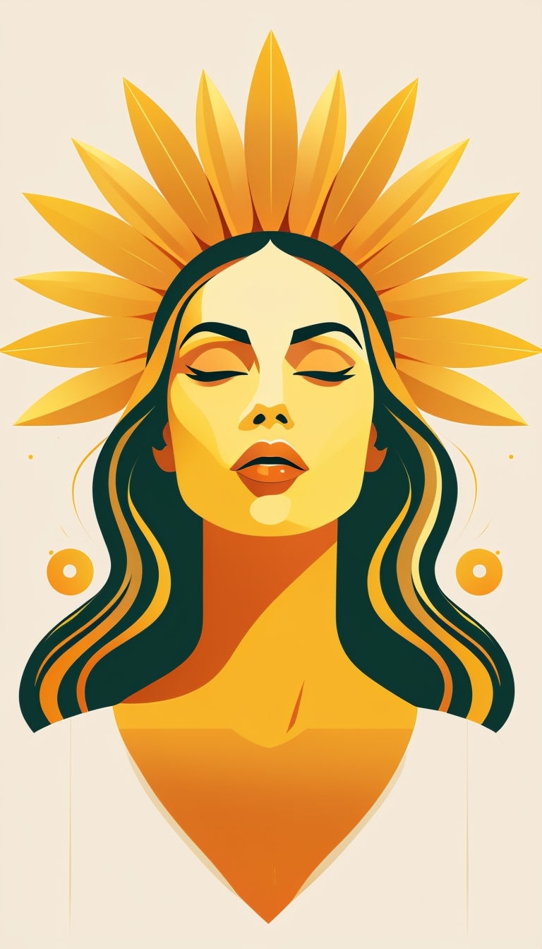 Elegant Art Deco Portrait of a Serene Woman with Sunflower Halo Mobile Wallpaper