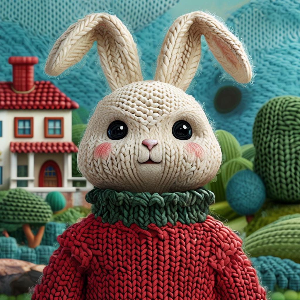 Cozy Knitted Bunny Character Illustration with Whimsical Landscape Art