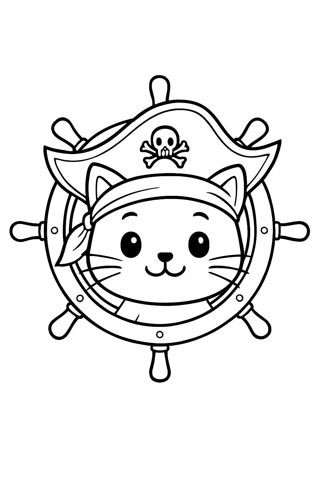 Adorable Pirate Cat with Ship's Wheel Cartoon Illustration Coloring Book Pages