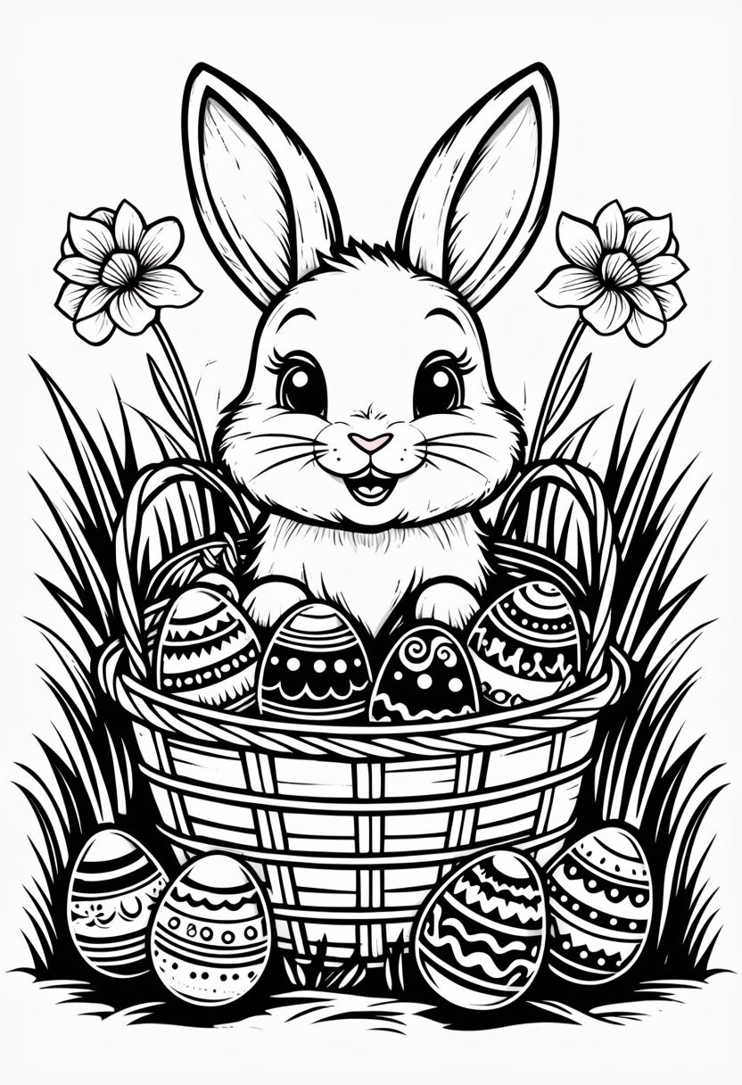 Cheerful Cartoon Bunny in Woven Basket with Easter Eggs Coloring Book Page