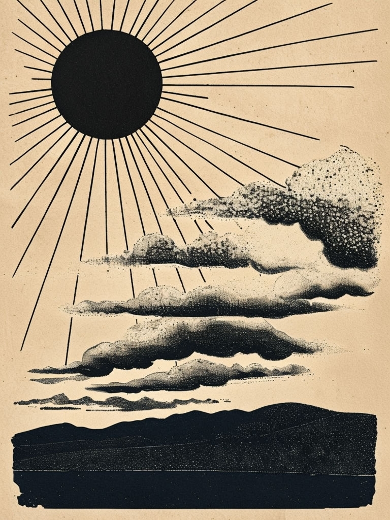 Vintage Pointillism Black Sun and Clouds Art Illustration