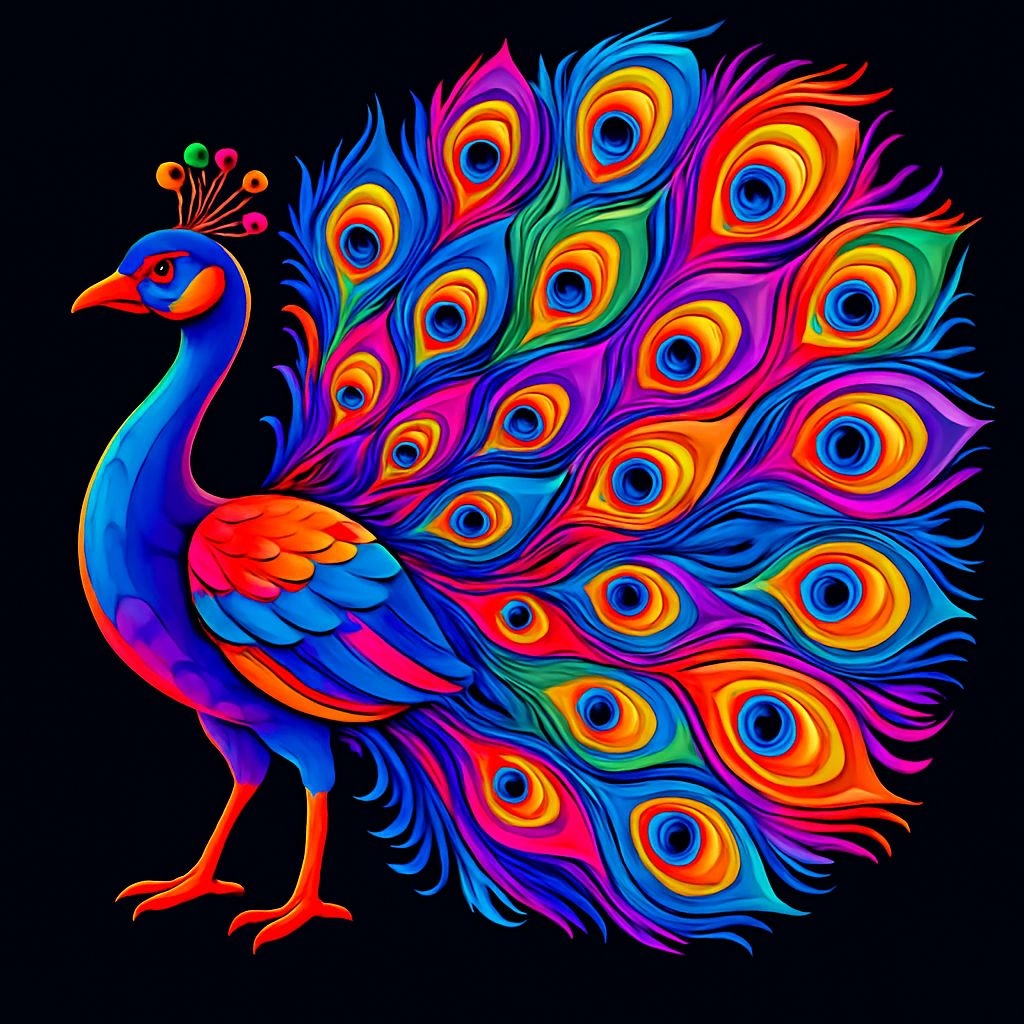 Vibrant Peacock Illustration Against Black Background T-Shirt