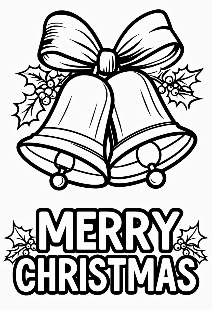 Festive Black and White Christmas Bells Coloring Book Page