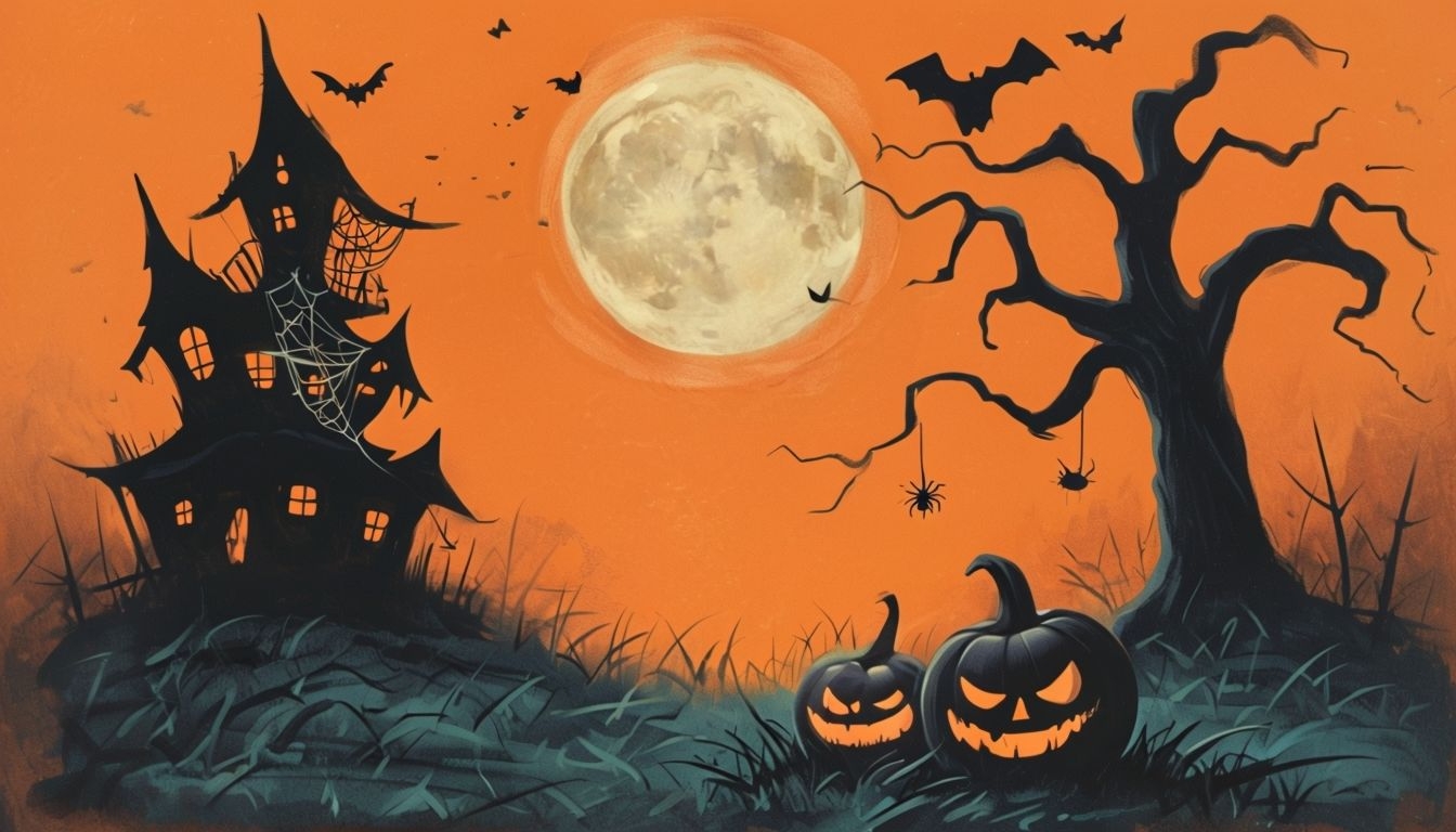 Eerie Halloween Scene with Jack-o'-lanterns and Haunted House Virtual Background
