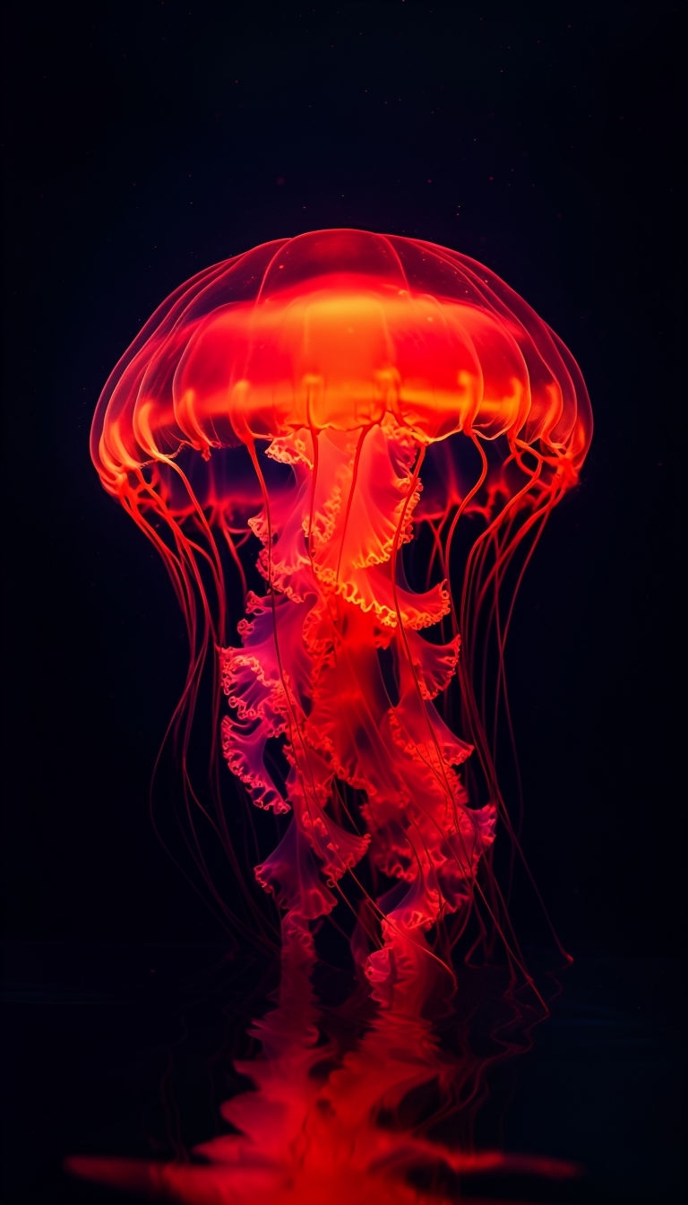 Mesmerizing Ethereal Red Jellyfish in Deep Sea Mobile Wallpaper