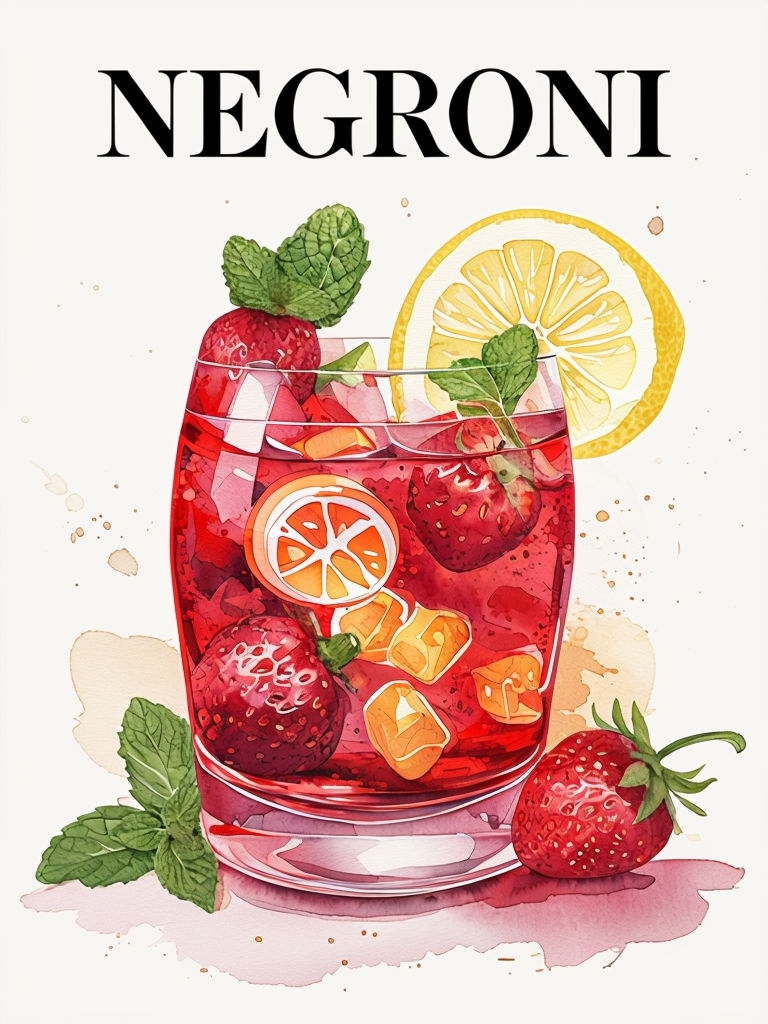 Vibrant Watercolor Negroni Cocktail Illustration Poster