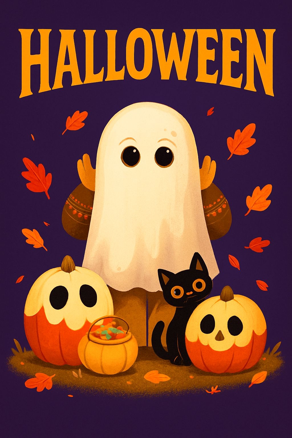 Friendly Ghost and Pumpkin Halloween Illustration Poster
