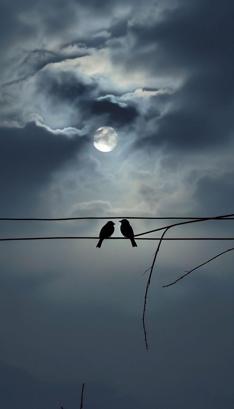 Serene Silhouette of Birds on Wire Against Dramatic Sky Mobile Wallpaper