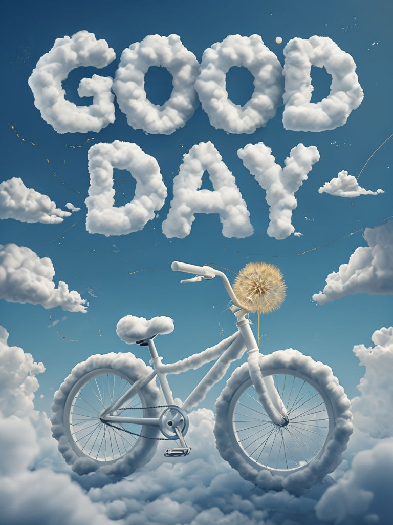 Whimsical Cloud Bicycle with 'Good Day' Text Digital Art Poster