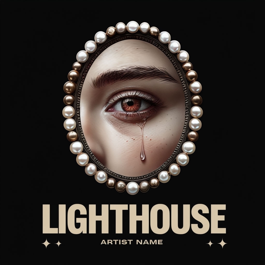 Ornate Pearl Framed Eye Artwork with Bold Lighthouse Text Spotify Album Cover