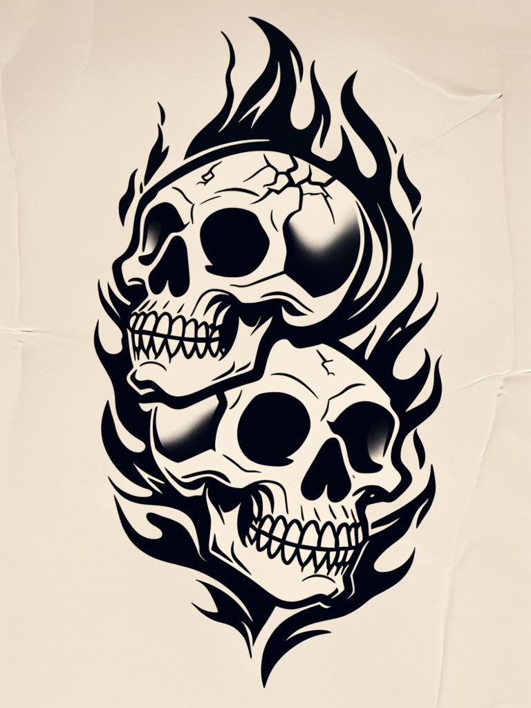 Stacked Skull Tattoo Illustration with Flames Art