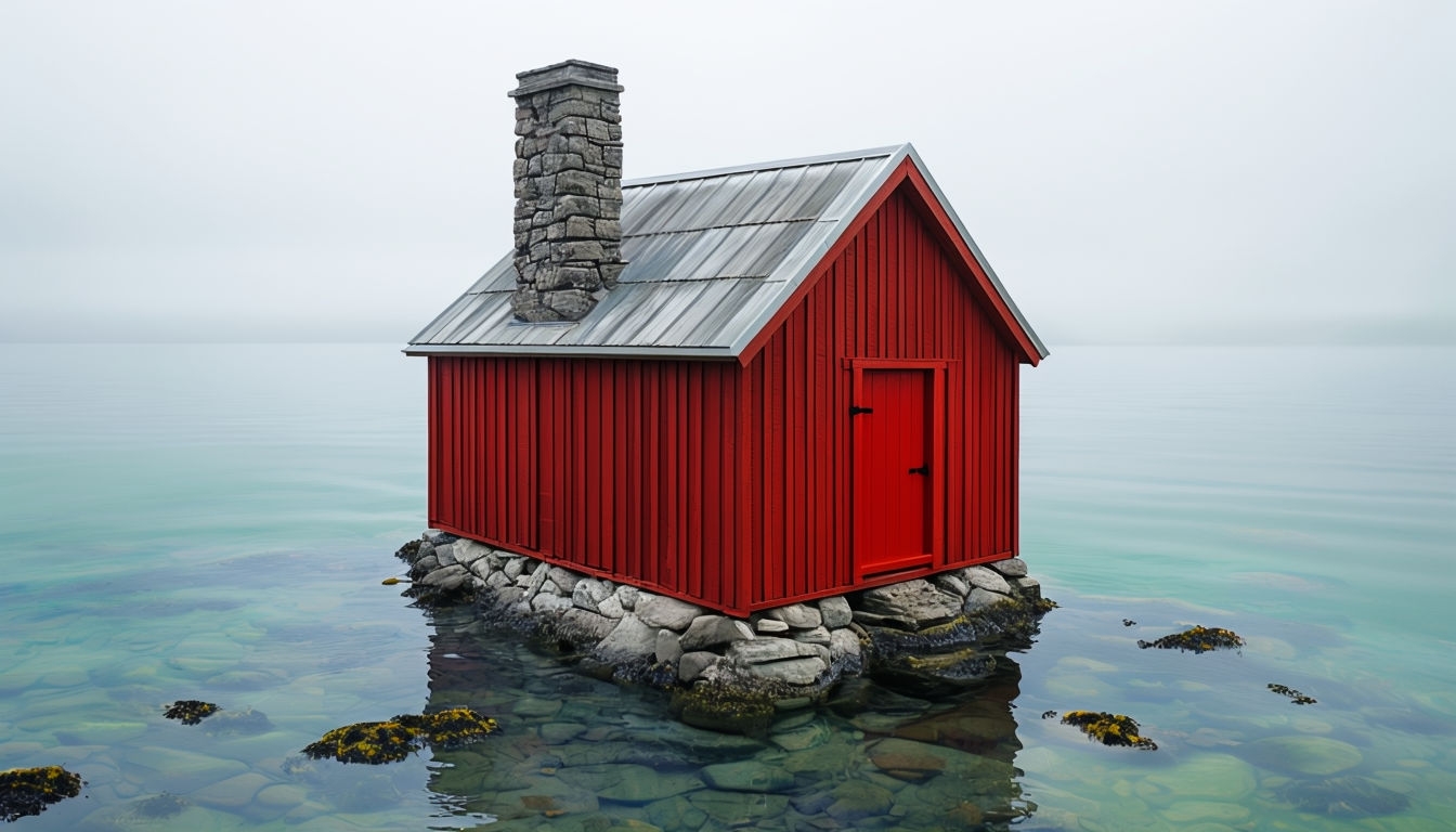 Vibrant Red Cottage Surrounded by Calm Water Virtual Background