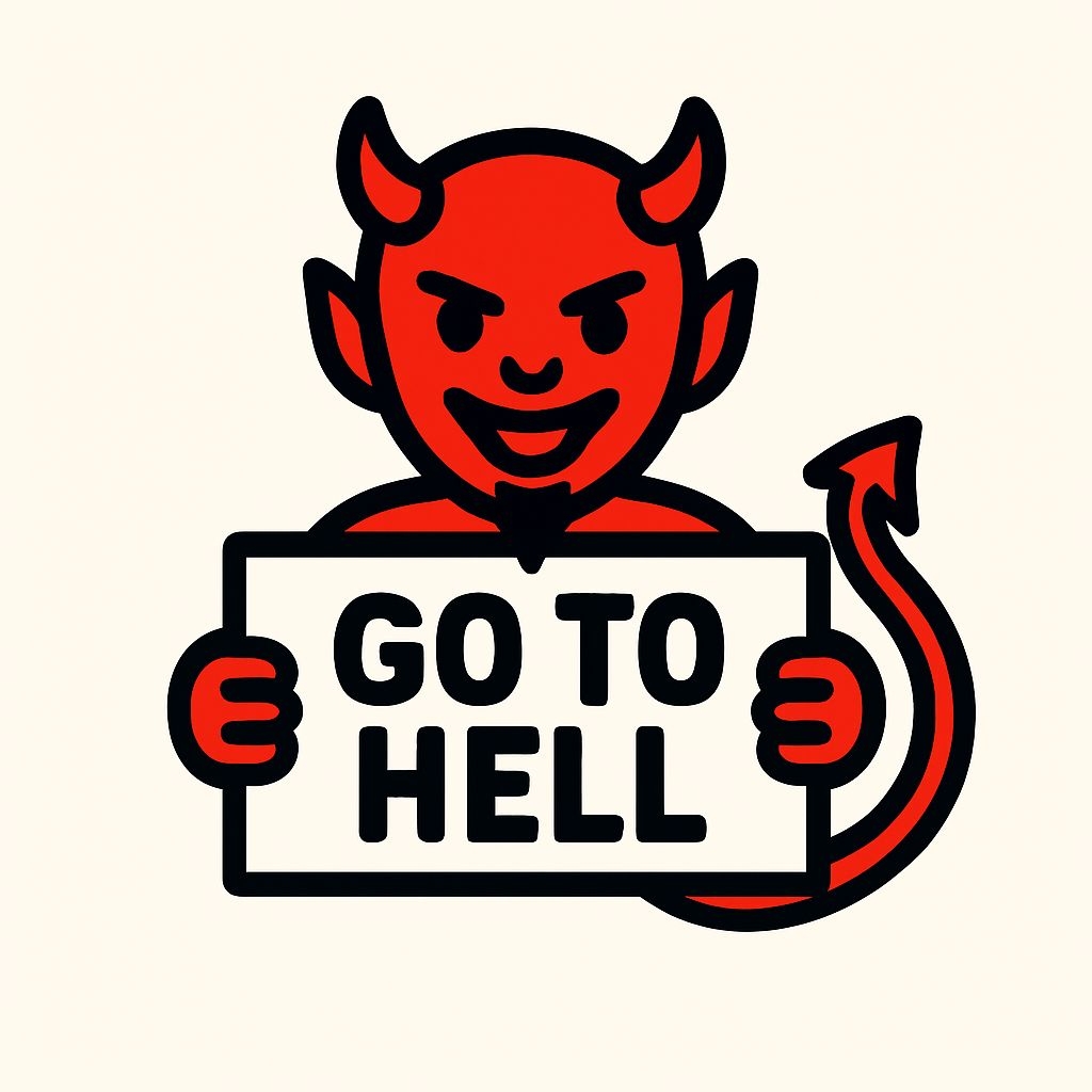 Playful Red Devil Character with 'Go To Hell' Sign Sticker