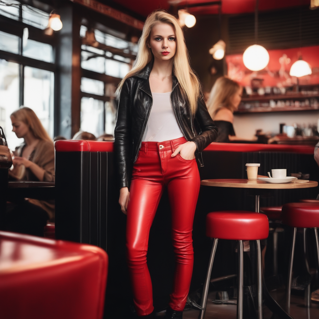 Blonde Girl Wearing Red Leather Pants In Cafe By Flightpath Flix