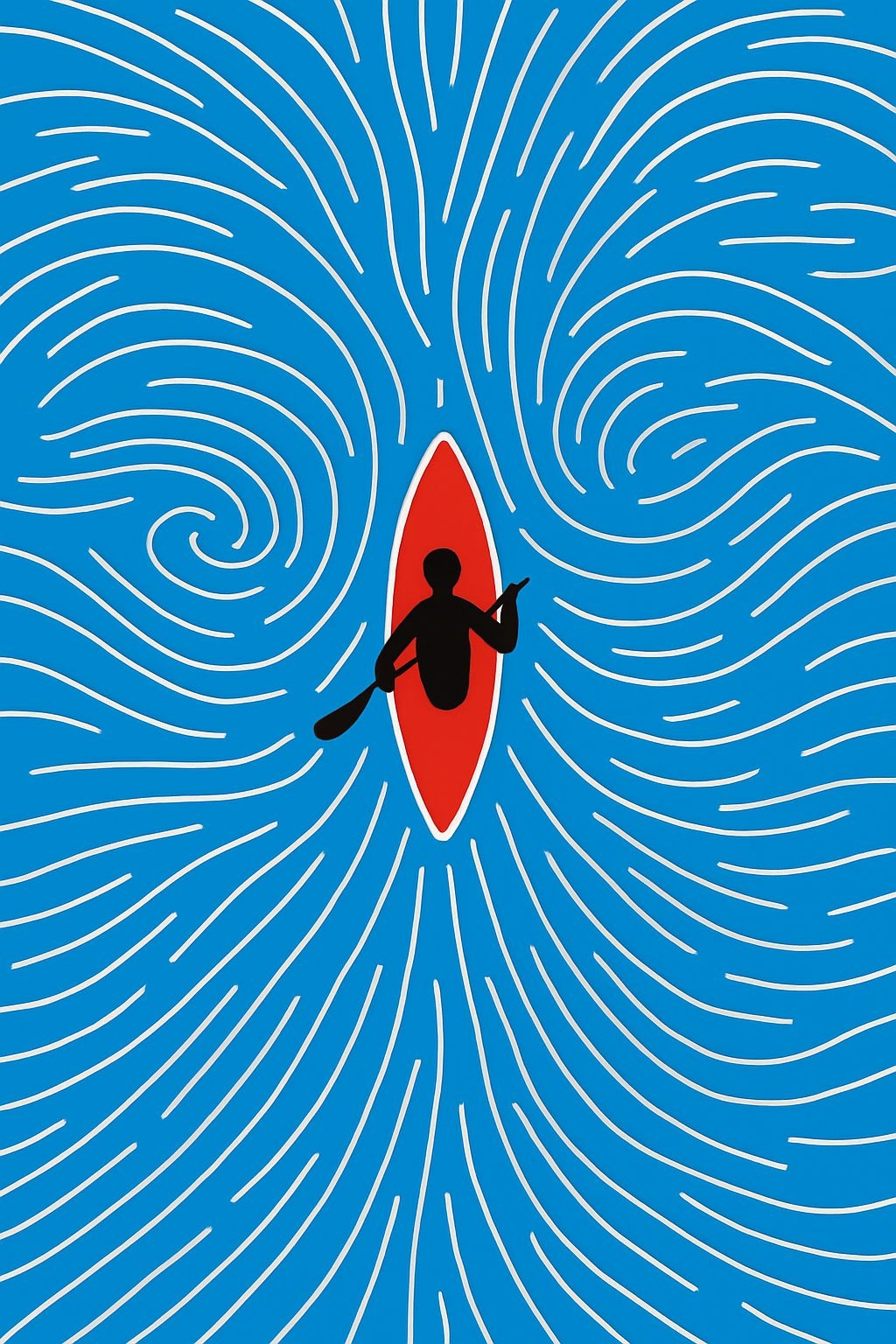 Dynamic Red Kayak Silhouette with Swirling Abstract Patterns Art