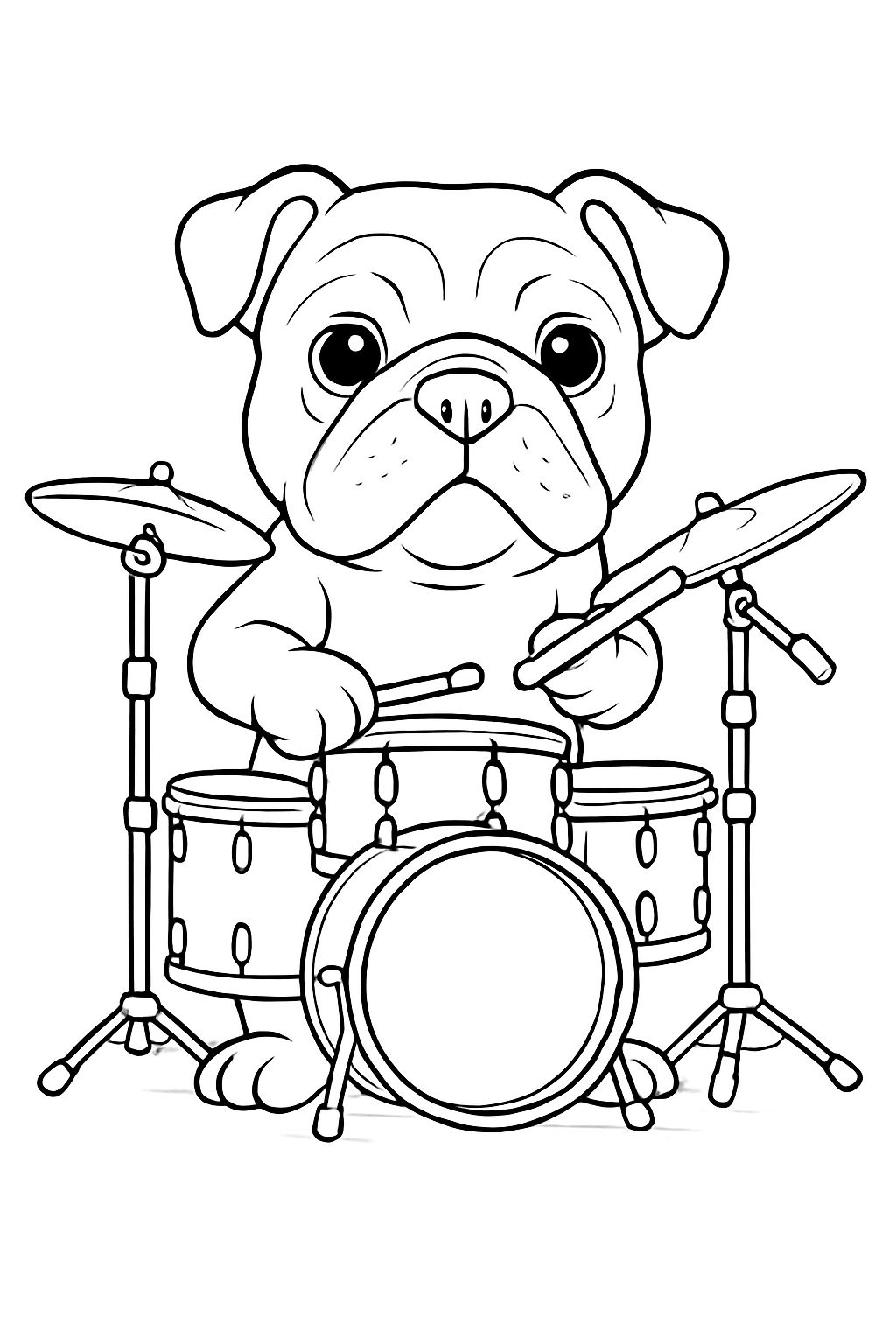 Adorable Cartoon Bulldog Playing Drums Line Drawing Coloring Book Pages