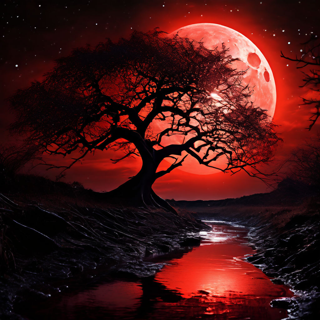 A blood red moon is behind a gnarly tree there is a stream w... by ...