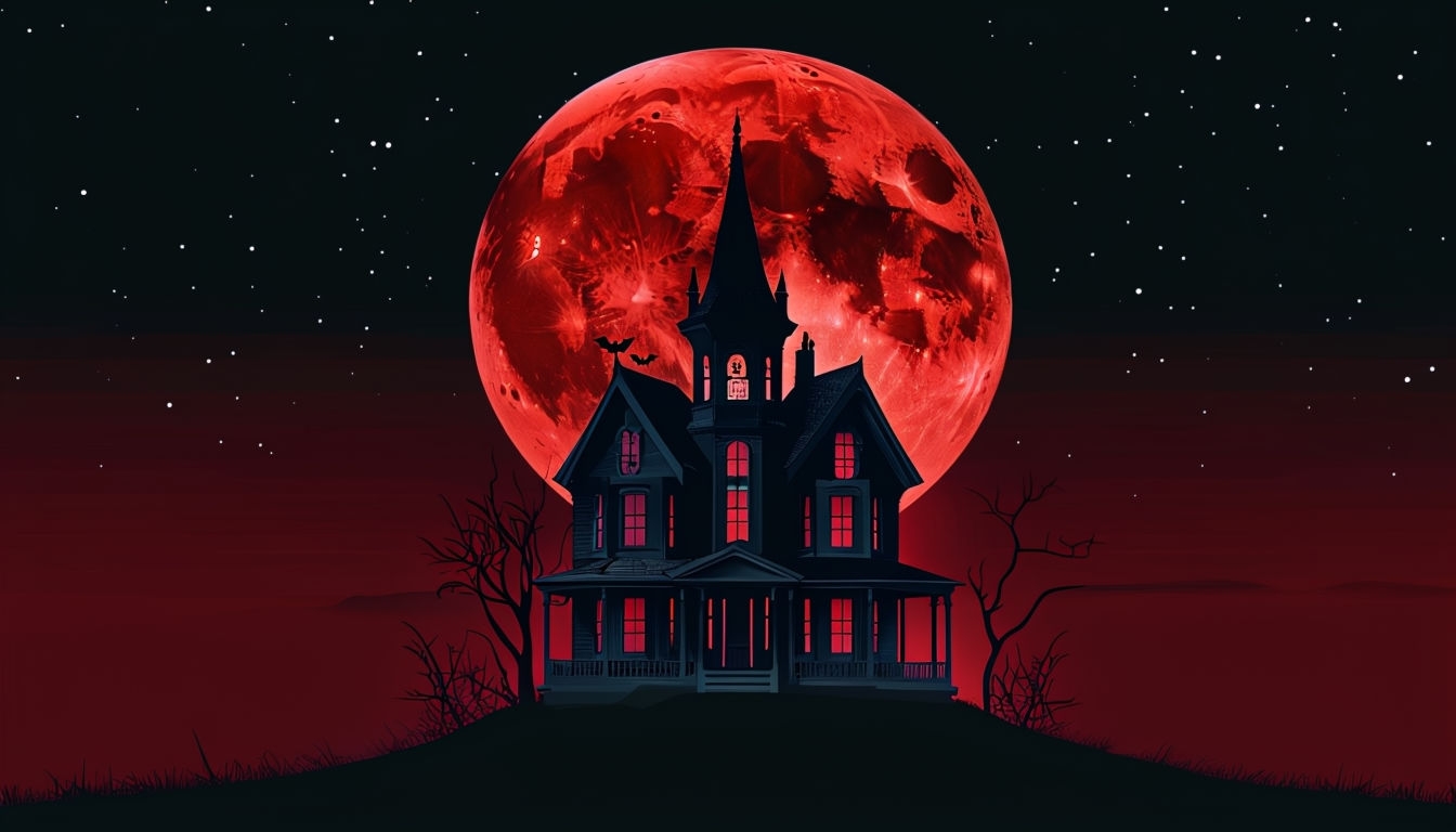 Spooky Victorian Haunted House Blood Moon Wallpaper for Virtual Backgrounds