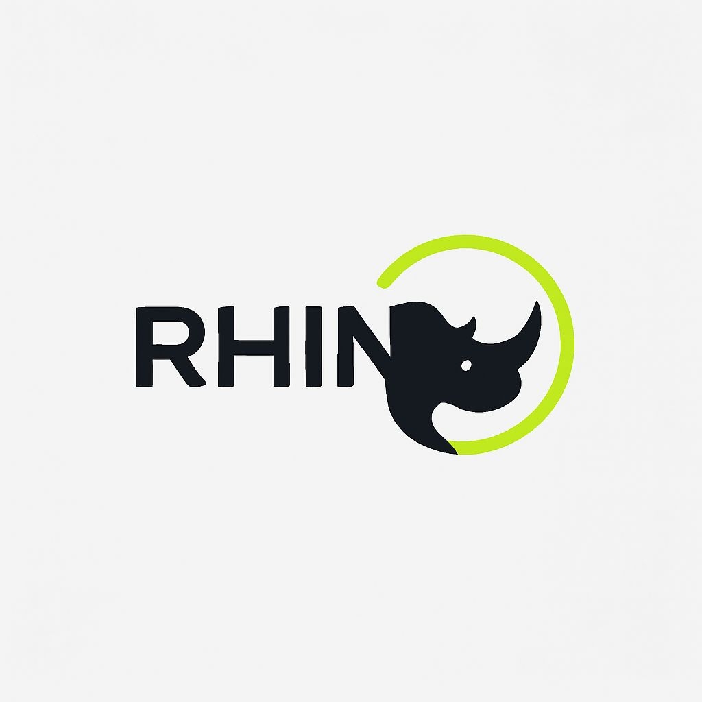 Modern Black RHIN Logo with Stylized Rhino Head and Green Accent