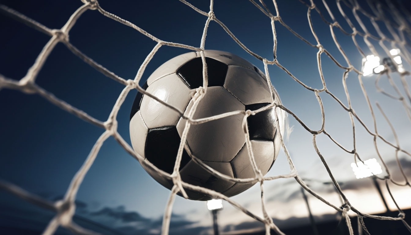 Dynamic Soccer Ball in Goal Close-Up Photograph Art