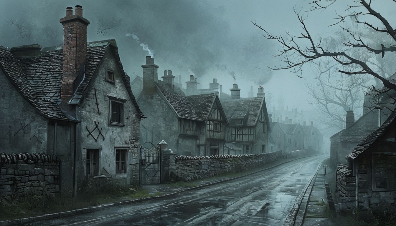 Foggy Village Scene with Cobblestone Road Digital Art Poster