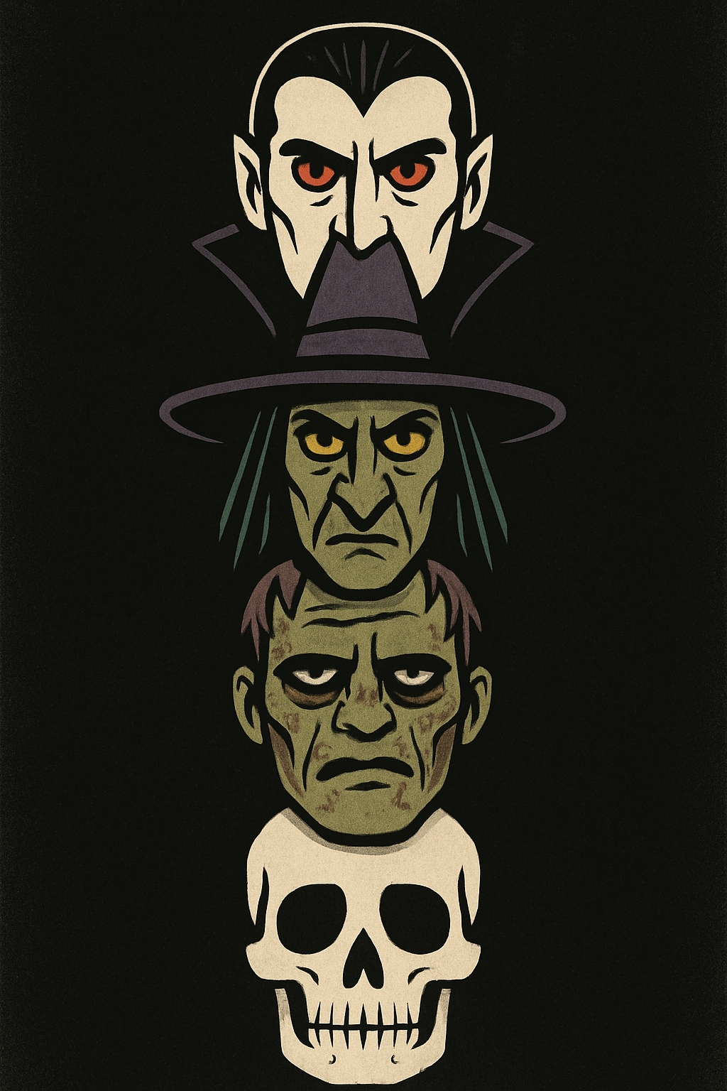 Vintage Halloween Characters Stack Illustration Poster