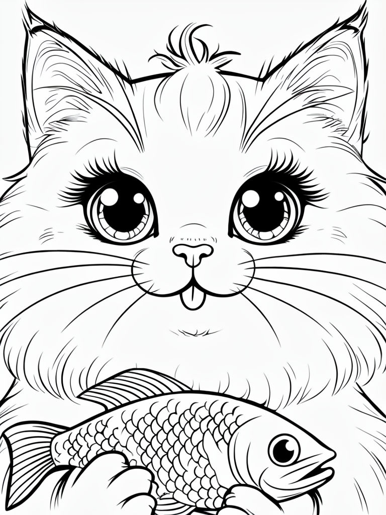 Cute Cat Holding a Fish Black and White Coloring Page