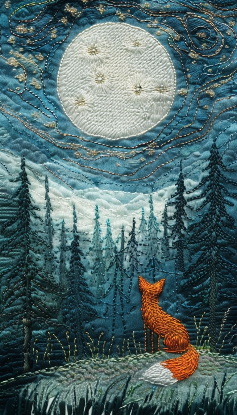 Whimsical Embroidered Night Landscape with Fox Phone Case Cover