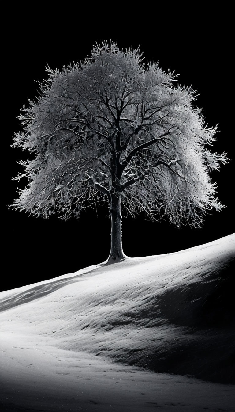 Ethereal Frosted Tree against Black Background Mobile Wallpaper