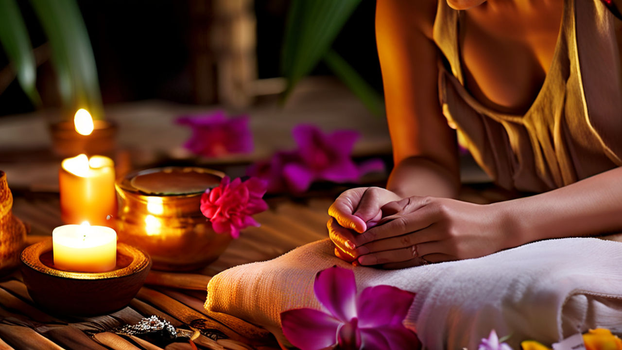 Woman receiving an exotic Thai spa treatment, positioned comfortably on a cushioned mat, warm amber lighting enveloping her, selection of aromatic and colorful flowers including jasmine, safflower nearby, a serene zen-like ambience, gentle hands applying pressure to shoulders and back, tranquil, oil diffusers emitting soft mist in the air, dark wood floors, bamboo room divider in the background, digital painting, ultra-realistic