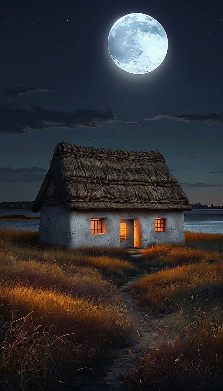 Tranquil Nighttime Cottage Landscape with Moonlight Mobile Wallpaper