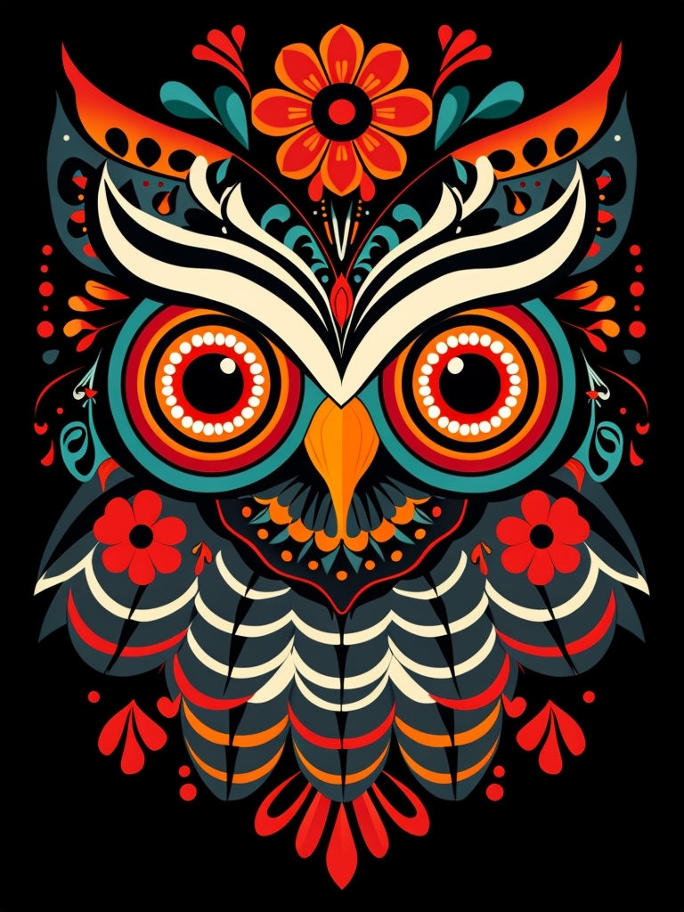 Vibrant Owl Face Día de Los Muertos Illustration T-Shirt