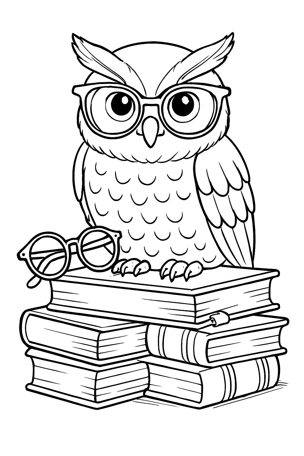 Whimsical Owl on Books Illustration for Coloring Book Pages