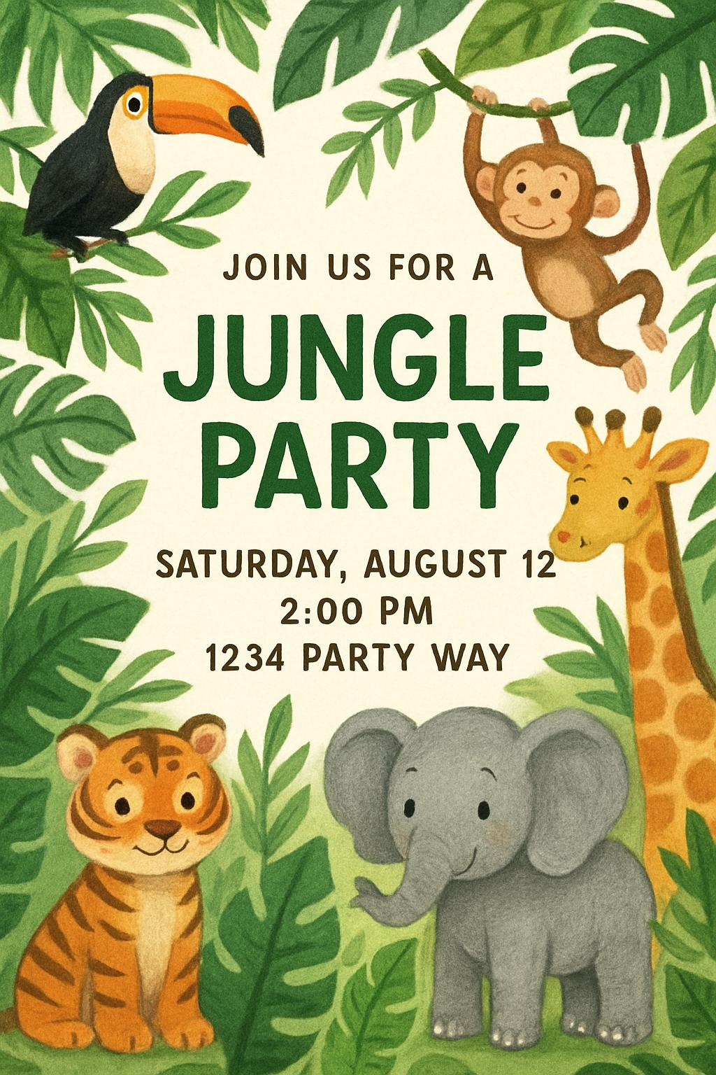 Whimsical Jungle Party Invitation with Colorful Animal Illustrations Cards & Invite