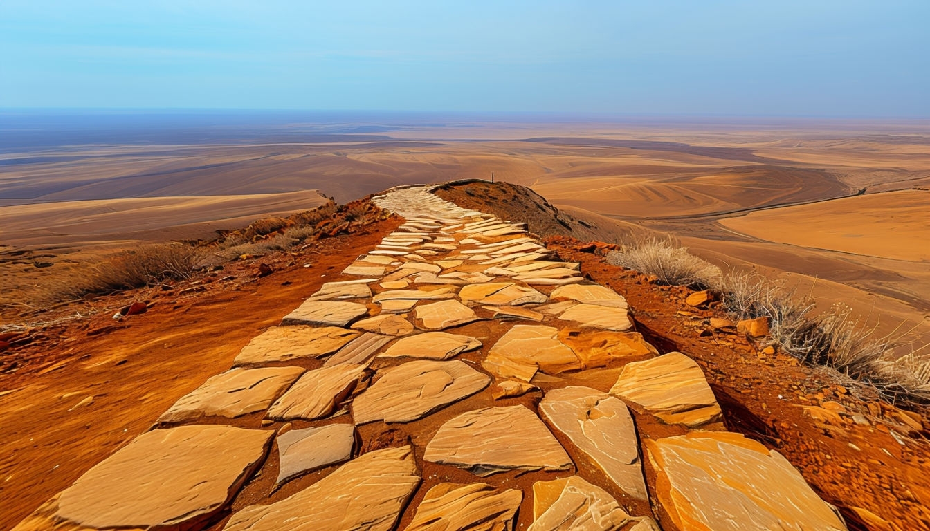 Serene Winding Stone Pathway Through Expansive Landscape Virtual Backgrounds