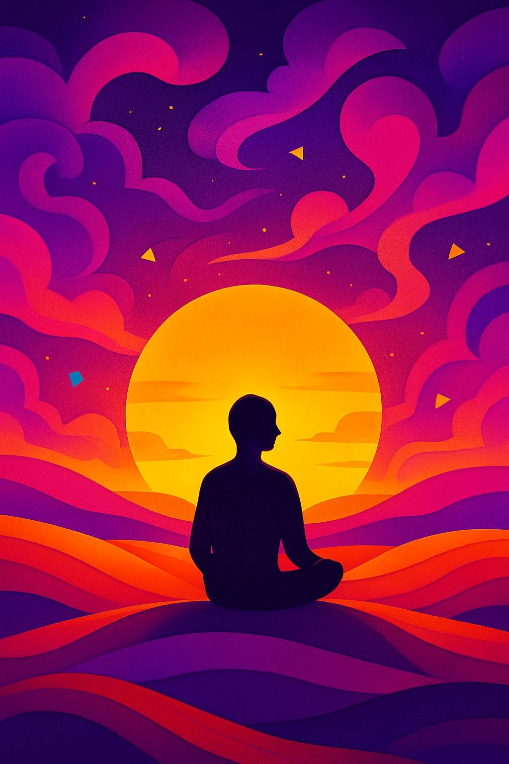 Serene Sunset Meditation Scene in Vibrant Vector Art Style Art