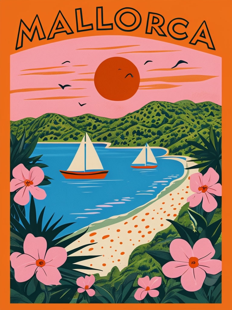 Vibrant Retro Mallorca Coastal Illustration with Sailboats Poster