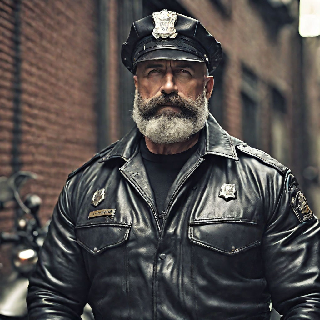 hairy 40 year old daddy wearing leather cop uniform